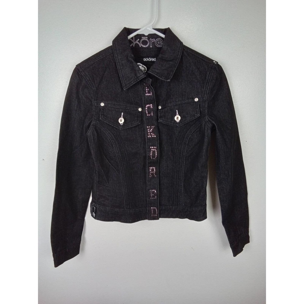 Vintage Ecko Red Womens Black Denim Jacket XS Y2K 90's Snap Button Bling Detail